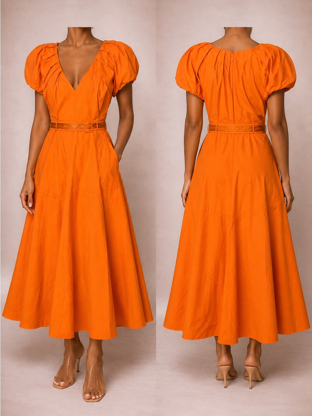 La Ligne Orange Puff-Sleeve Midi Dress with Belt